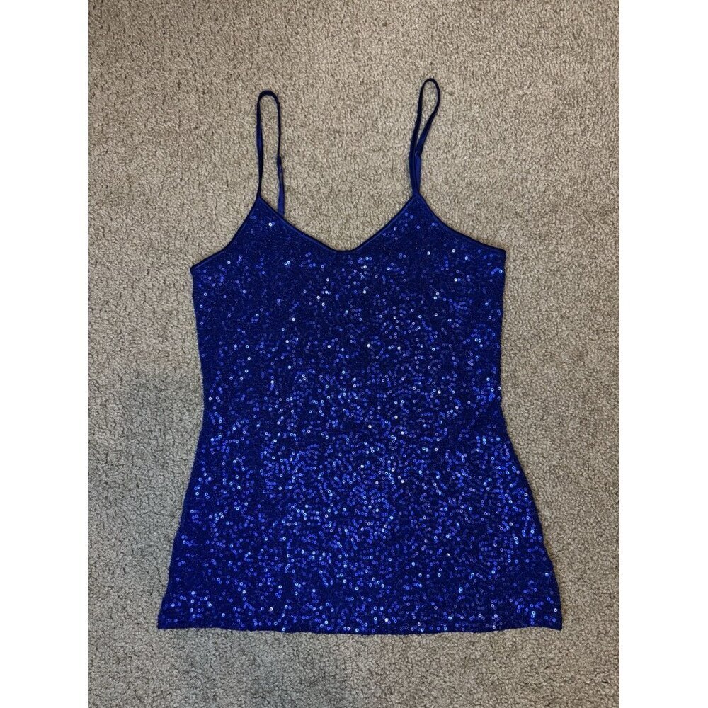 EXPRESS Sequin Shimmering Tank Top SMALL Blue Preppy Party Feminine Y2k Concert - Picture 6 of 8